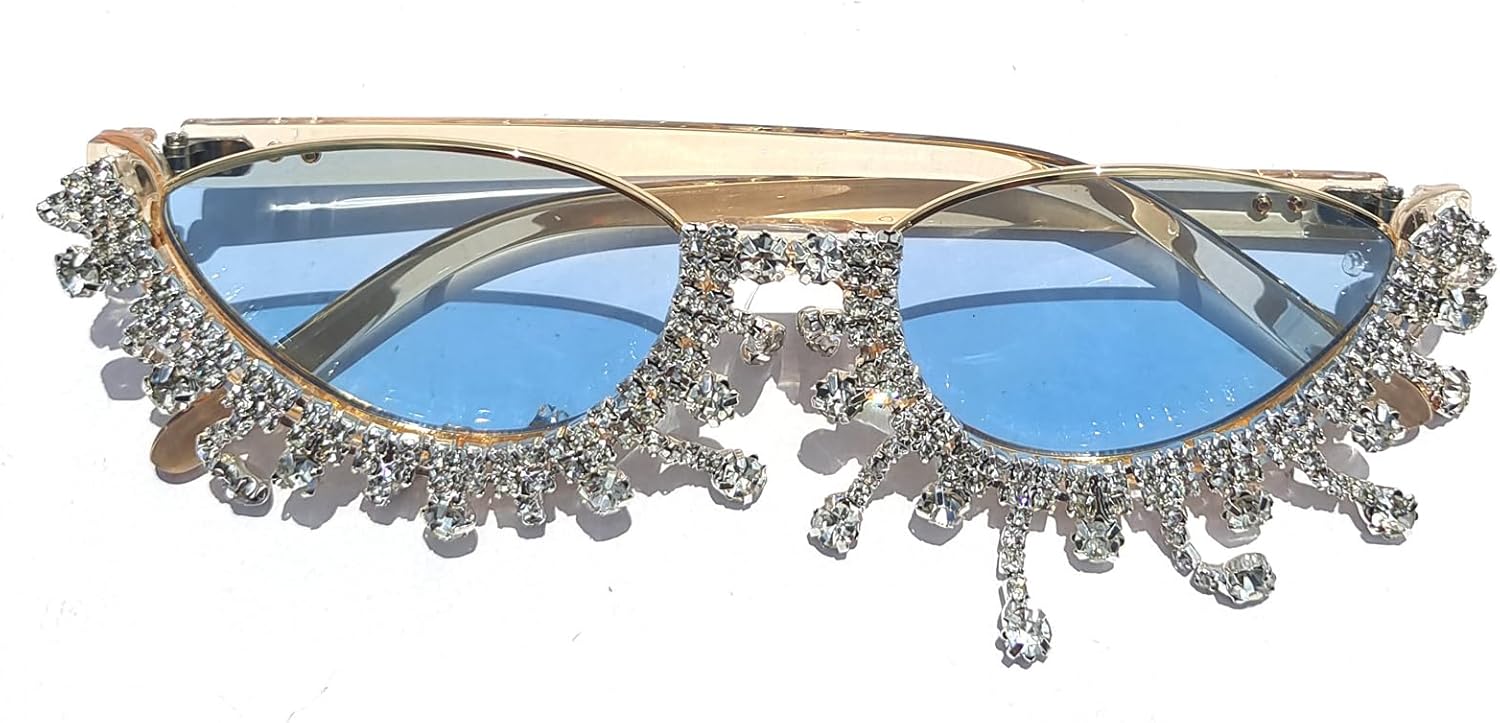 

Солнцезащитные очки «Кошачий глаз» в полуободковой оправе с кисточками и бриллиантами, милые для женщин, блестящие, забавные, со стразами и кристаллами для вечеринки helena, Blue