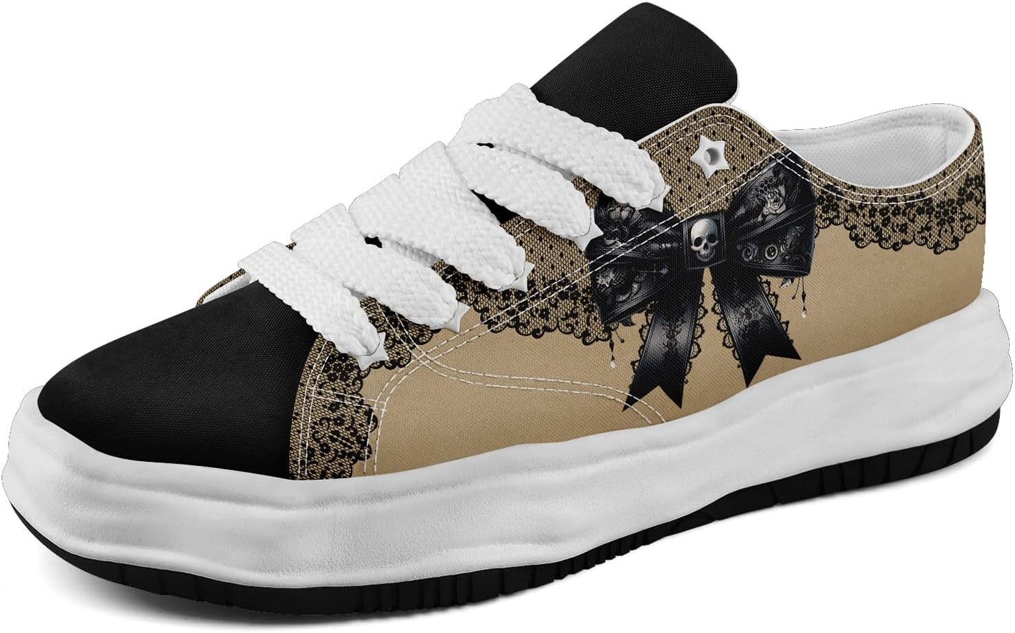 

Кеды с готическим принтом черепа для мужчин и женщин - низкие кеды из ткани с резиновой подошвой EVA, панк-стритвир мода Awsole, белый