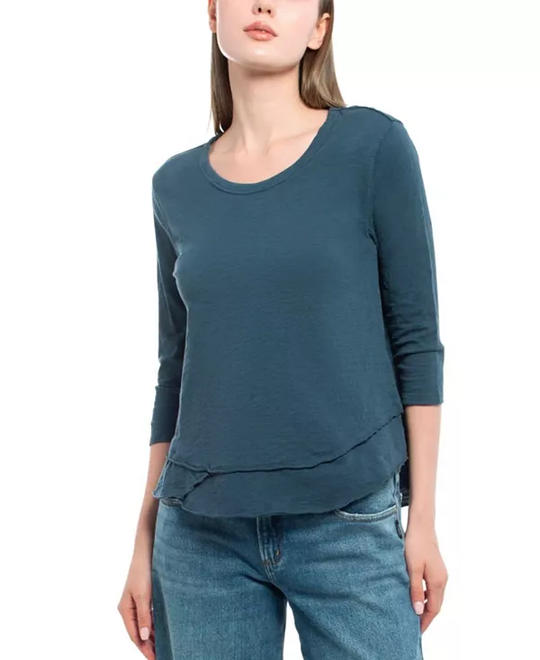 

Футболка с рукавами 3/4, укороченная, с круглым вырезом, имитация многослойной одежды. Wilt Clothing, синий