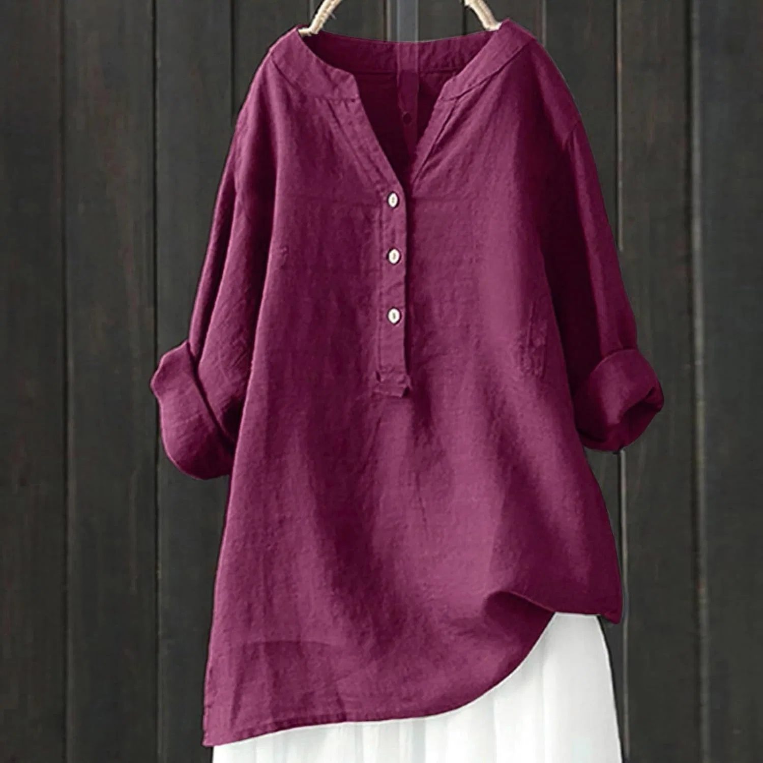 Блуза свободная, на пуговицах, однотонная, из коллекции, винный — фото 2