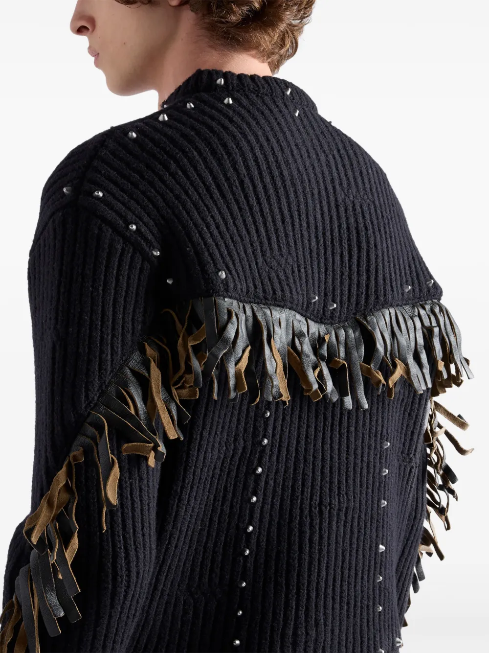 Шерстяной свитер с круглым вырезом и бахромой Prada, черный — фото 4