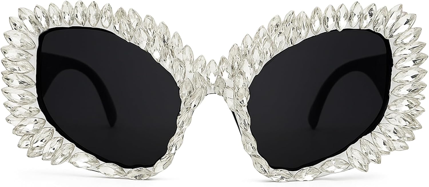 

bullabulling Винтажные большие солнцезащитные очки «кошачий глаз» с блестками и стразами для женщин и мужчин, модные овальные кристальные очки для вечеринок, защита от ультрафиолета UV400, Black/Clear