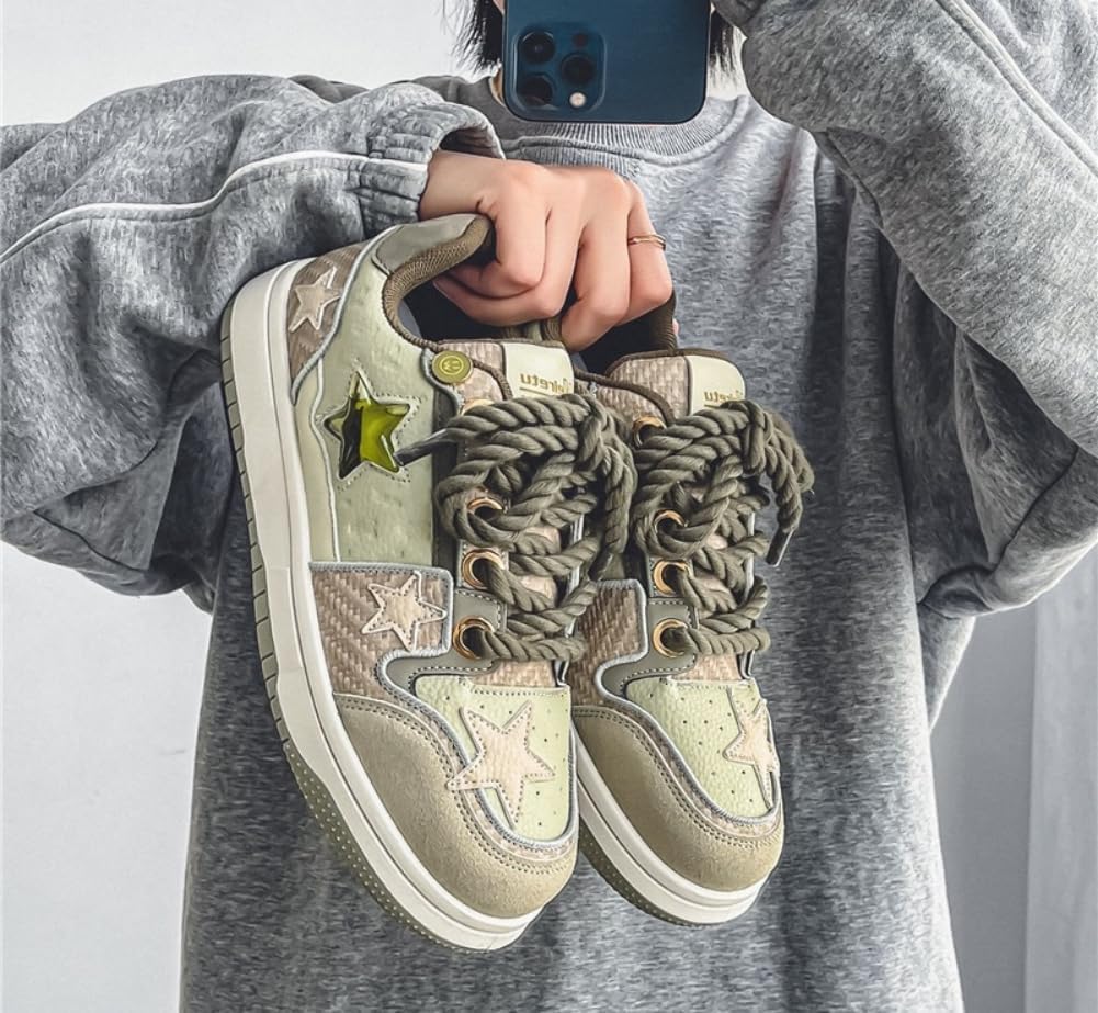Мужские массивные кроссовки Star Shoes Y2K в ретро-стиле, кожаные кроссовки на шнуровке, легкая и удобная обувь для ходьбы для мужчин и женщин Generic, зеленый — фото 4