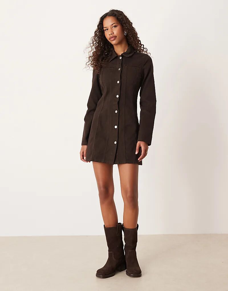 

Джинсовое мини-платье с длинными рукавами и расклешенной юбкой ASOS DESIGN шоколадного цвета