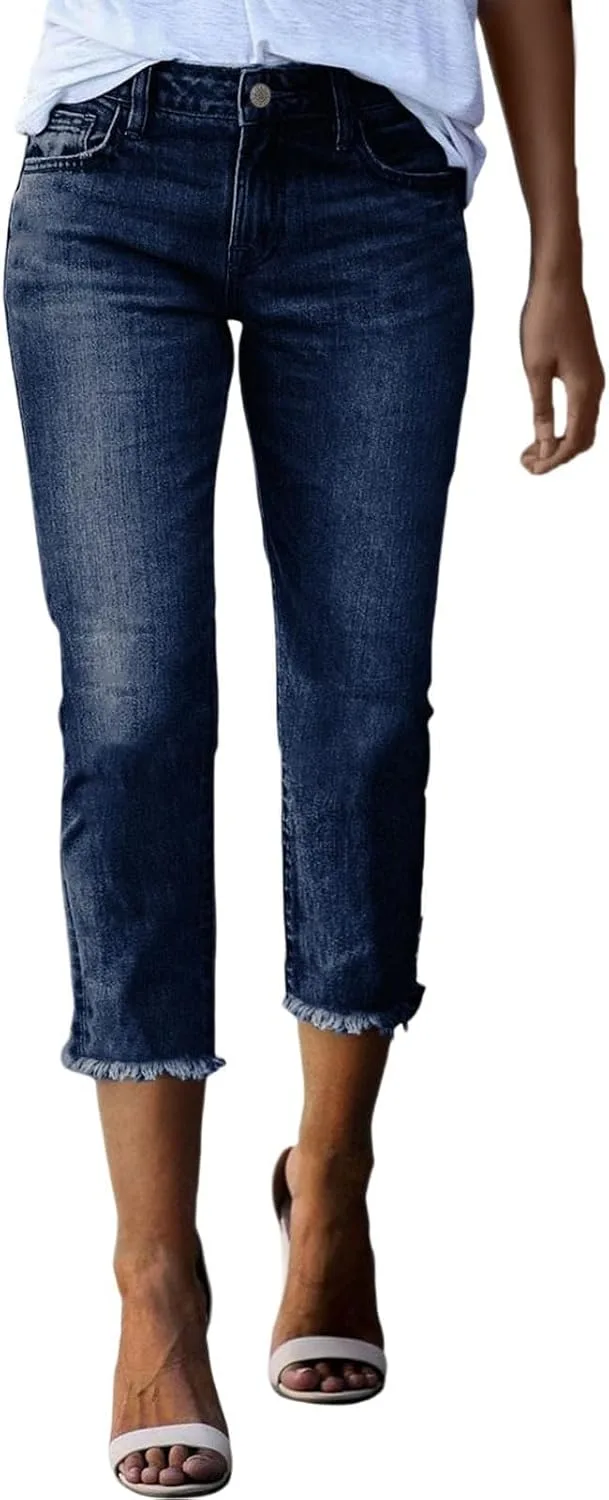 

Женские летние капри джинсы High Waisted Skinny Jean с прямыми штанинами и необработанным краем Slakkenreis