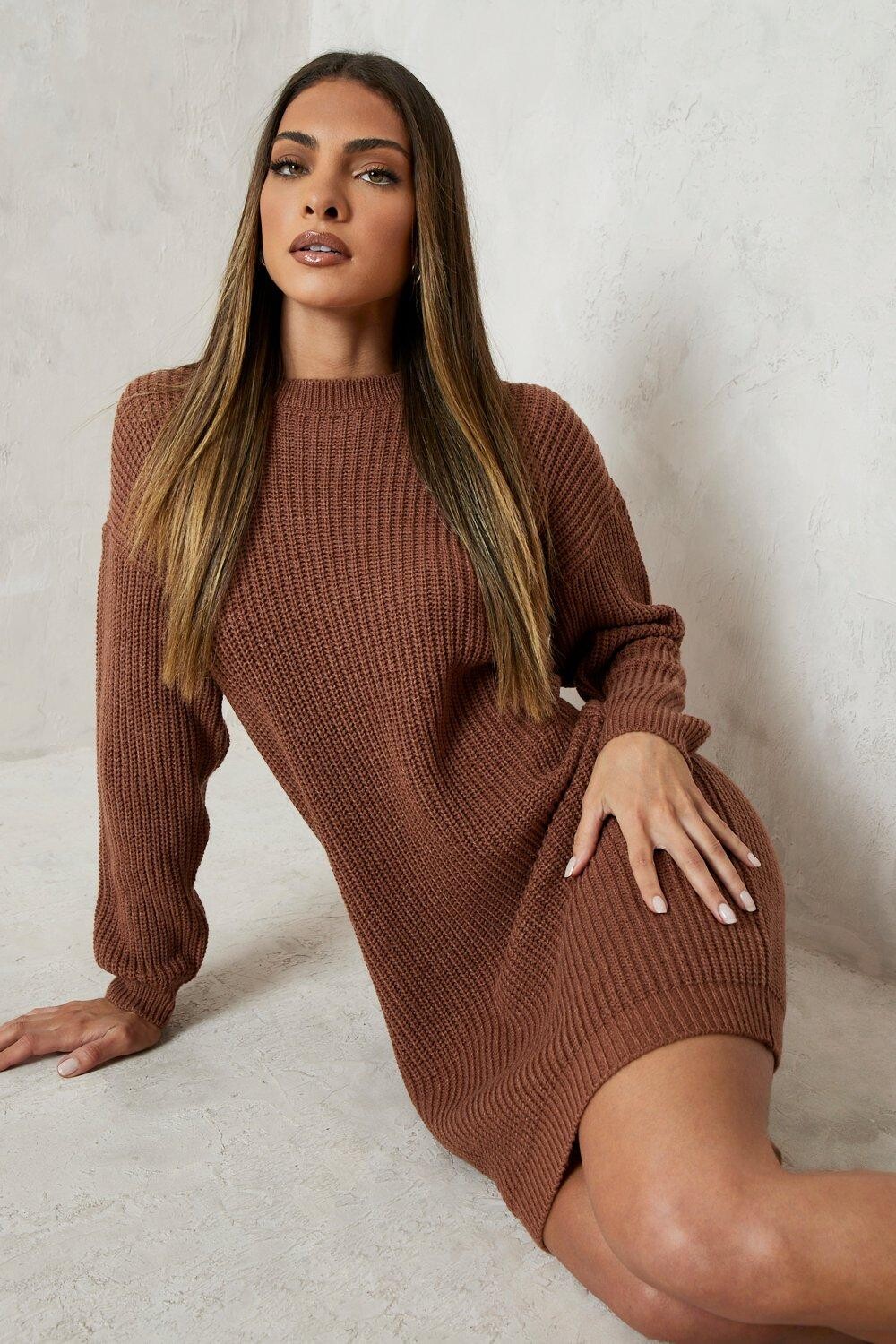 

Мини-платье-джемпер с круглым вырезом boohoo, бежевый