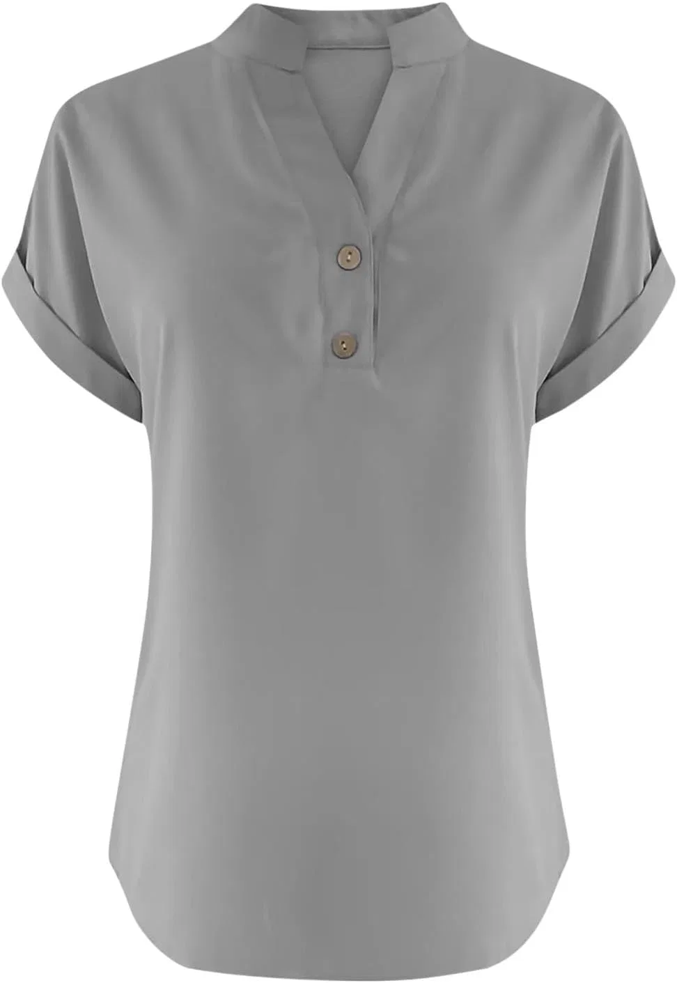 Generic Женские рубашки из льна, летние модели 2024 года, с коротким рукавом-крылышком, V-образным вырезом и полузастежкой на пуговицы, модные повседневные хлопковые блузки для отдыха, 02-серый — фото 3
