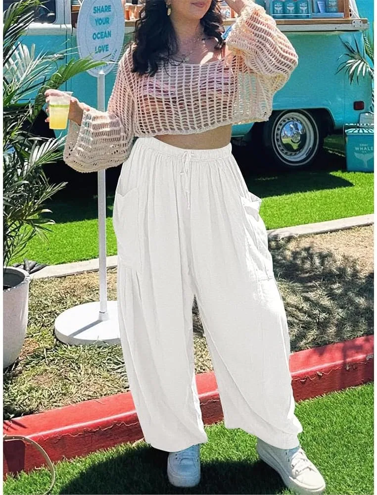 Летние легкие струящиеся брюки для женщин, повседневные брюки-шаровары свободного кроя с высокой талией и широкими штанинами, брюки-палаццо для отдыха — фото 2