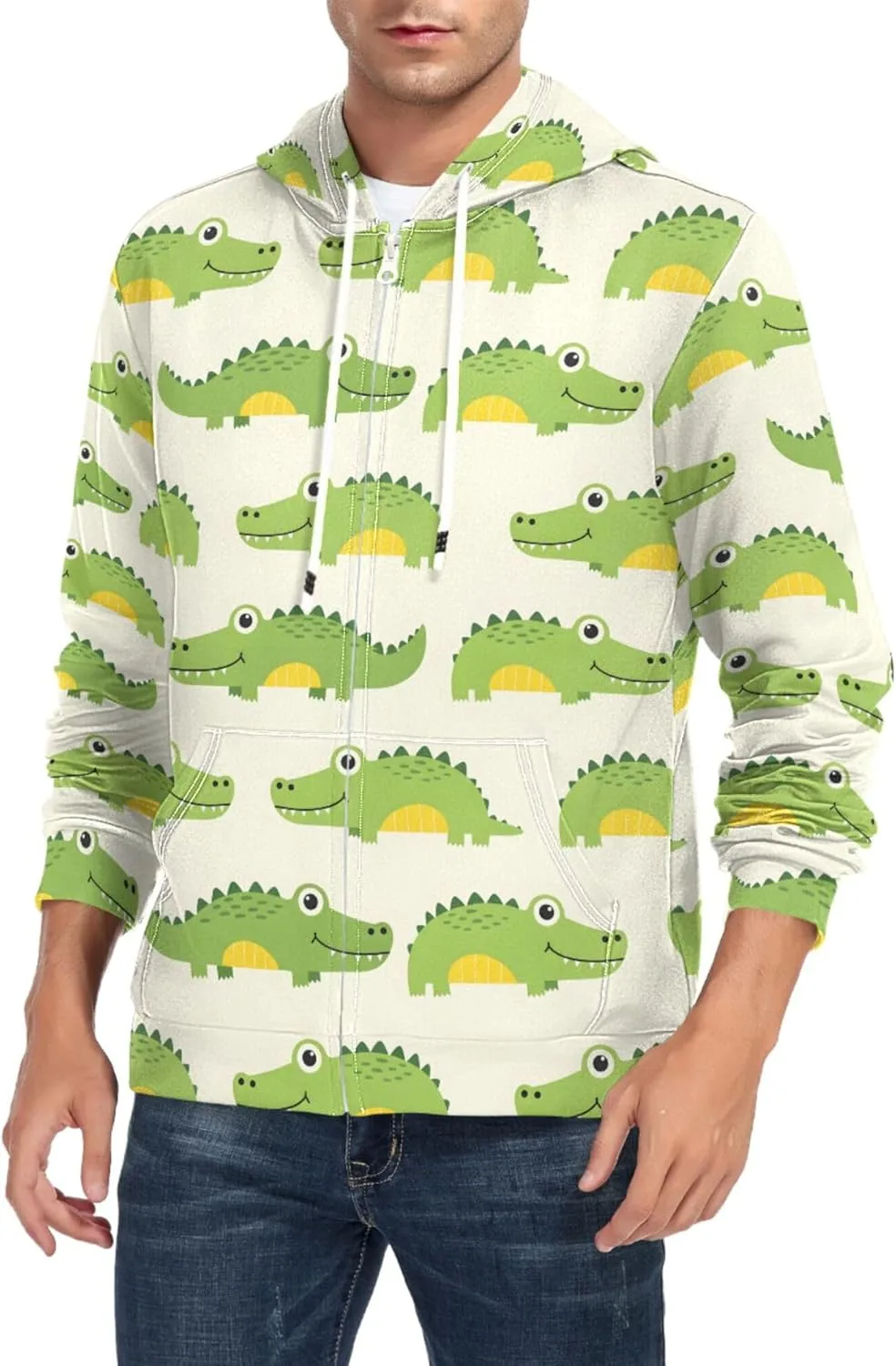 

Мужская толстовка с капюшоном на молнии, Casual, Cute Green Crocodile CUPADA
