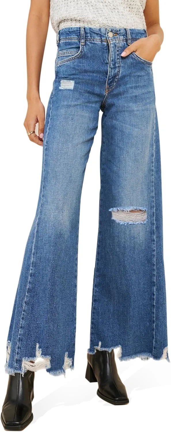 

Женские джинсы с высокой талией и широкими штанинами Ripped Distressed Frayed Raw Hem Jyutia