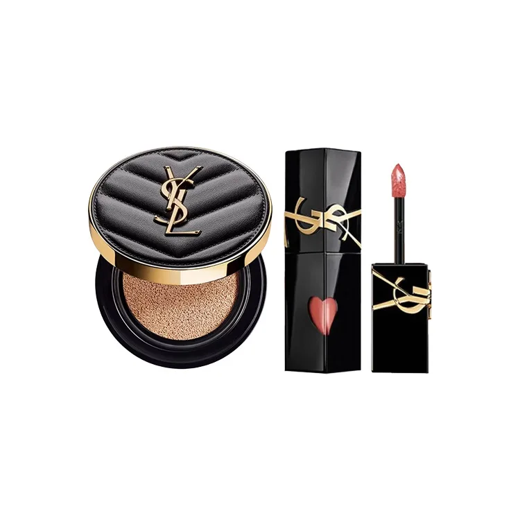 SAINT LAURENT Набор жидких помад Leather Air Cushion Black Tube для макияжа с эффектом натурального тона и осветления кожи, Two-Piece Set: #B10 Leather Air Cushion 14g+#440 Brand-New Black Tube 5.5ml