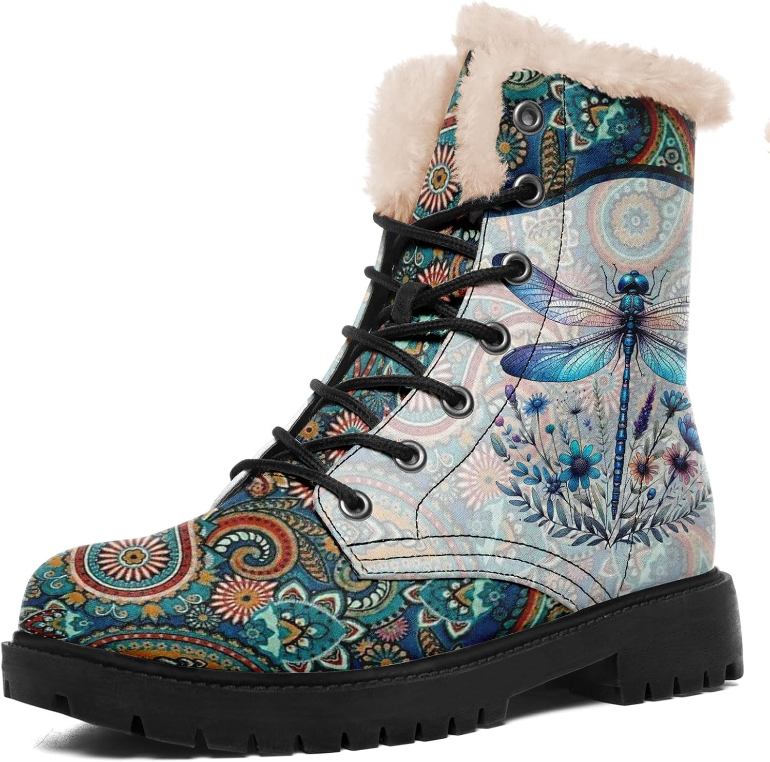 

Художественные зимние ботинки для женщин с узорами мандалы Солнце, Луна, Пчела, шнурованные уютные зимние ботинки с искусственным мехом Awsole, бирюзовый