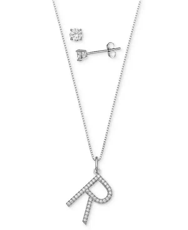 

Комплект из двух кулонов с инициалами из кубического циркония и серег-гвоздиков с солитером из стерлингового серебра, созданный для Macy's. Giani Bernini, r