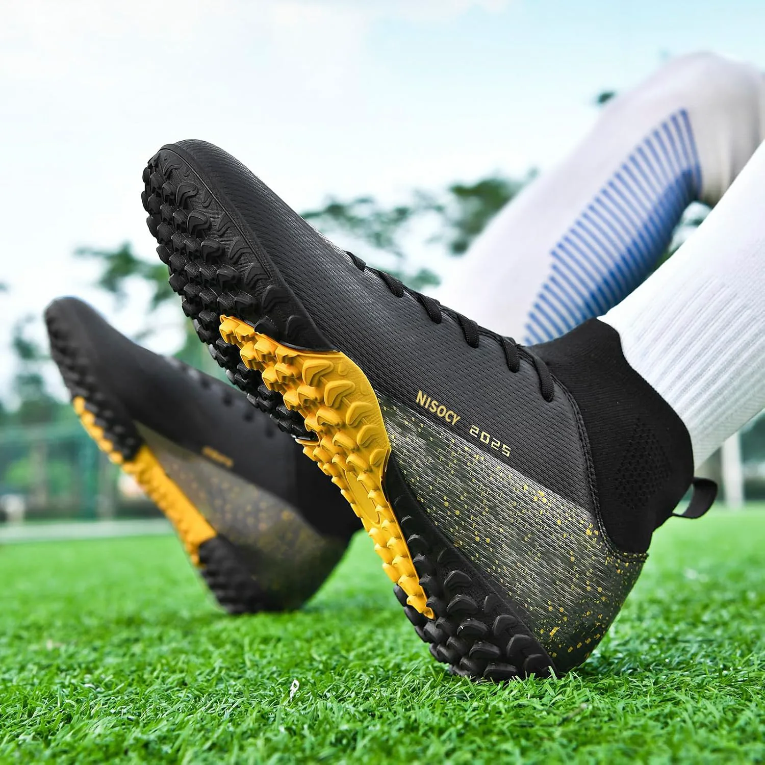 Футбольные бутсы NISOCY для мужчин, высокие кроссовки для футбола, для улицы и зала, легкие тренировочные бутсы TF AG, черный — фото 2