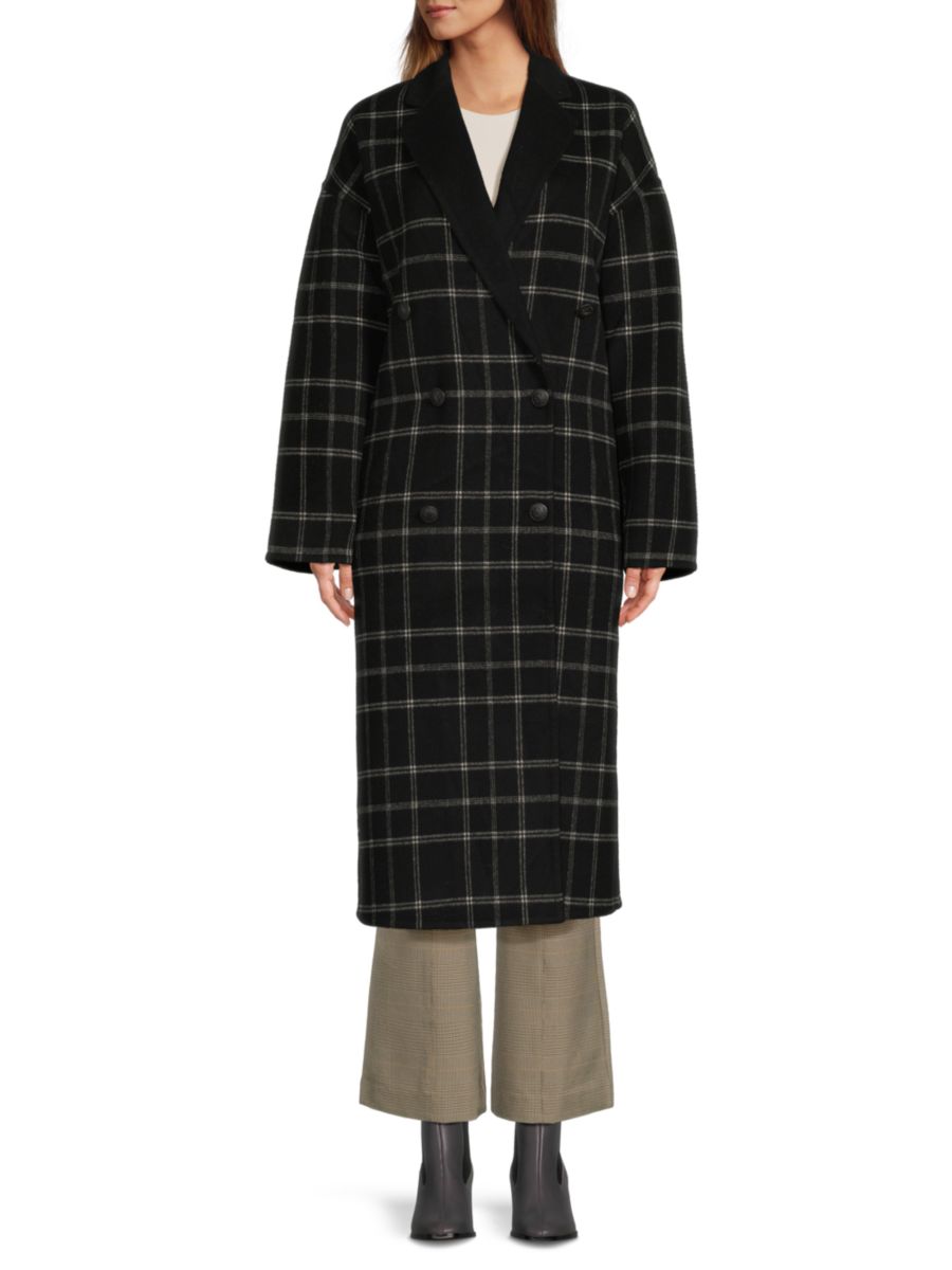 

Двубортное шерстяное пальто в клетку Thea rag & bone, черный/белый