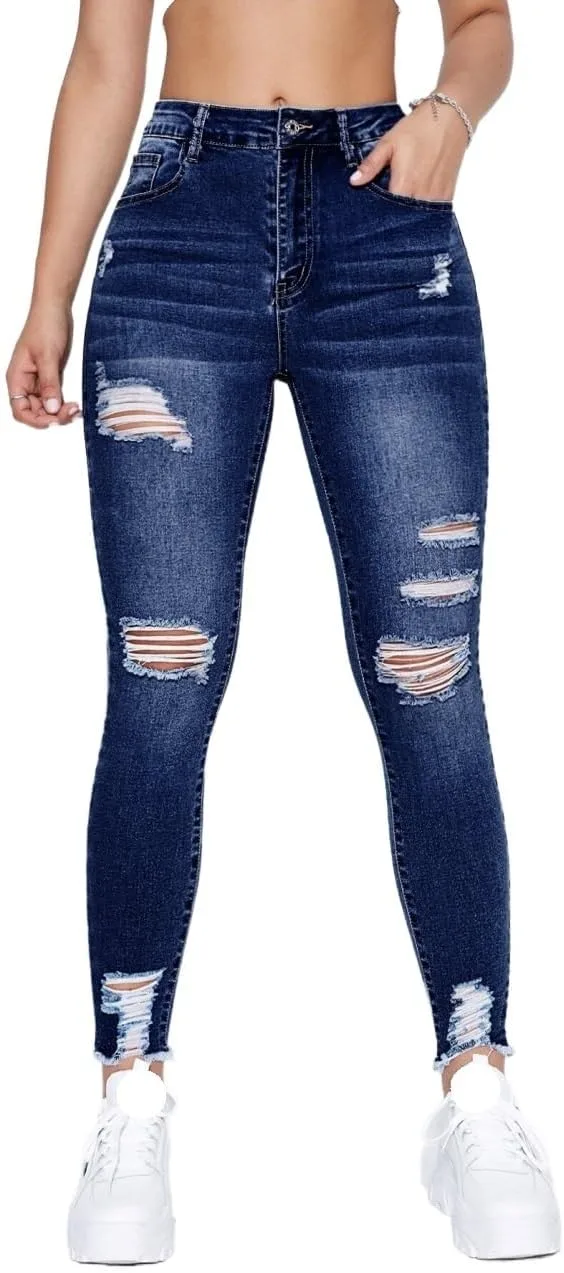 Женские джинсы с высокой талией и потертостями Generic, Dark Wash