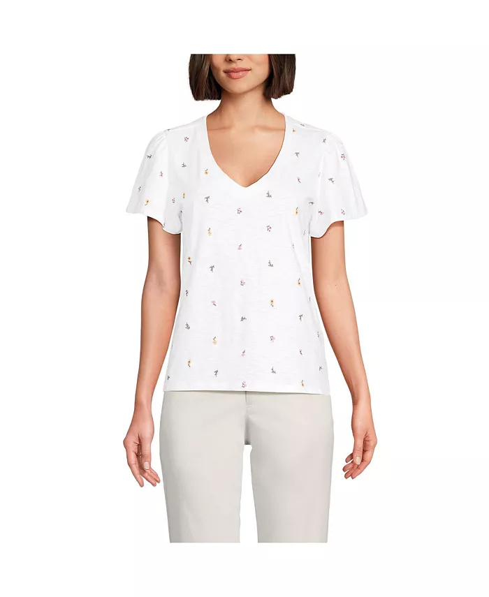 

Женская футболка с V-образным вырезом и рукавами-крылышками из слабкокрученой ткани Lands' End, белый