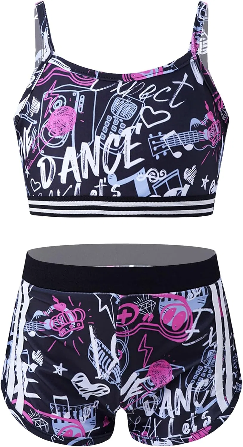 Детский спортивный костюм с пайетками Mufeng, топ и шорты, Camo Balck&rose Red