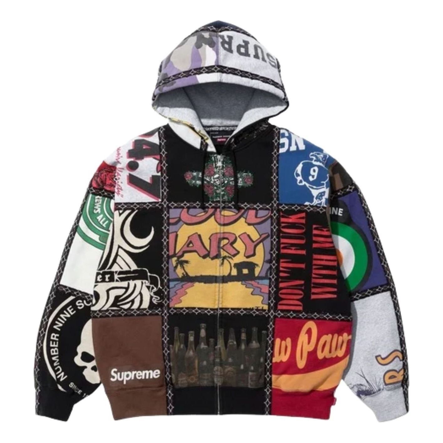 Толстовка Supreme FW25 x Number (N)ine с капюшоном на молнии и лоскутным рисунком, разноцветная