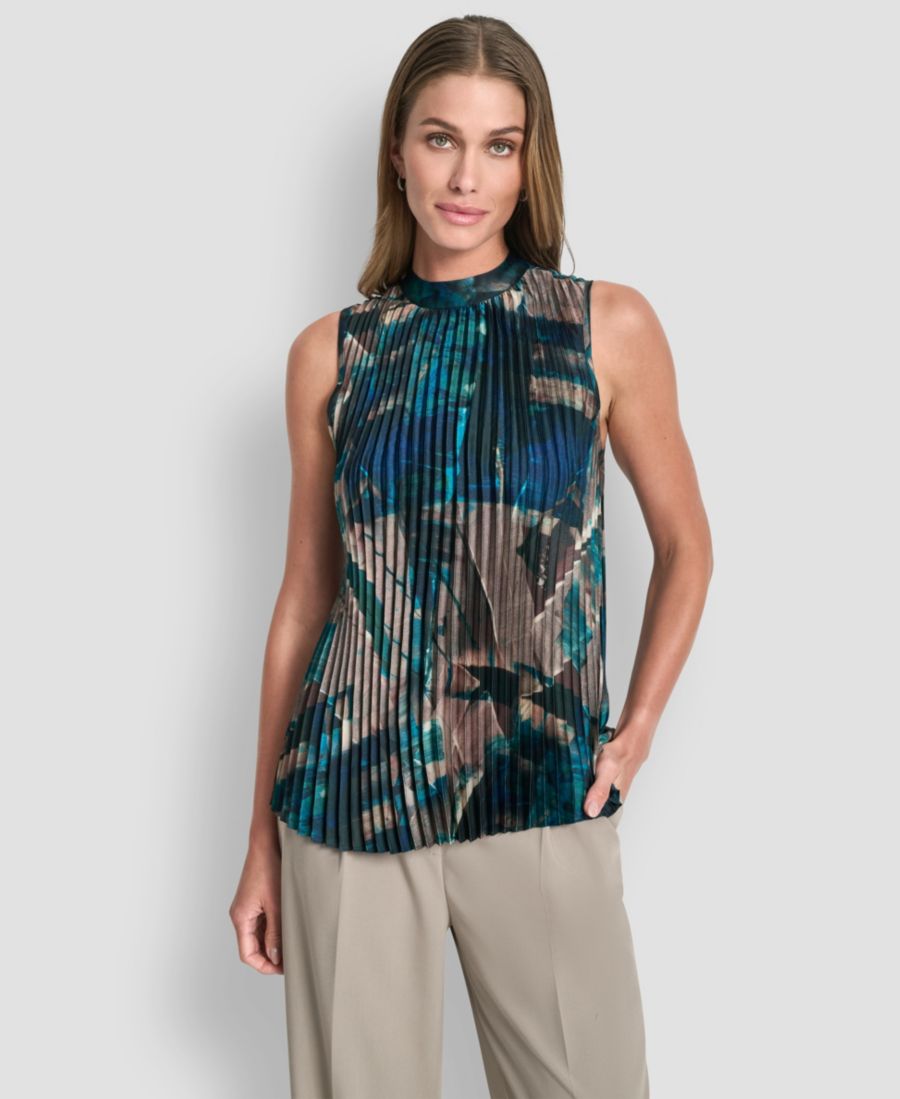 

Женская плиссированная блузка без рукавов с воротником-стойкой DKNY, City Taupe/ocean Blue Multi