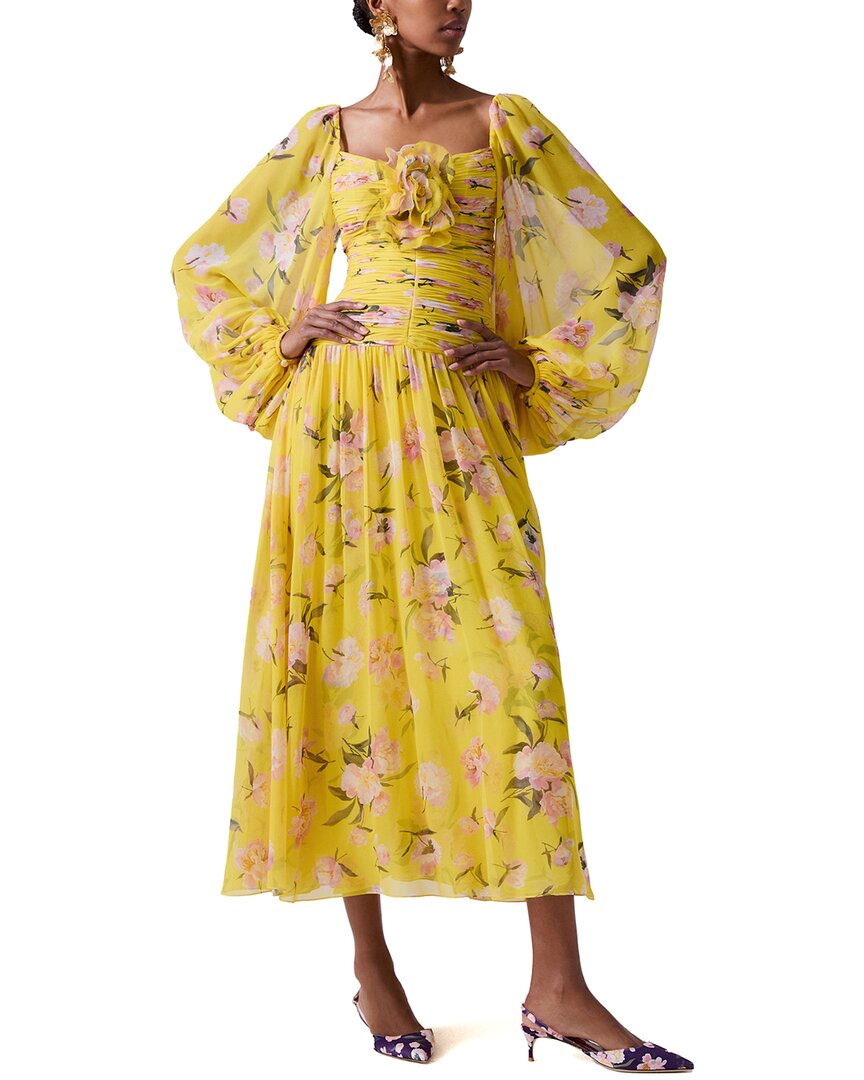 

Каролина Эррера Платье миди из шелка с пышными рукавами и сборками Carolina Herrera, желтый