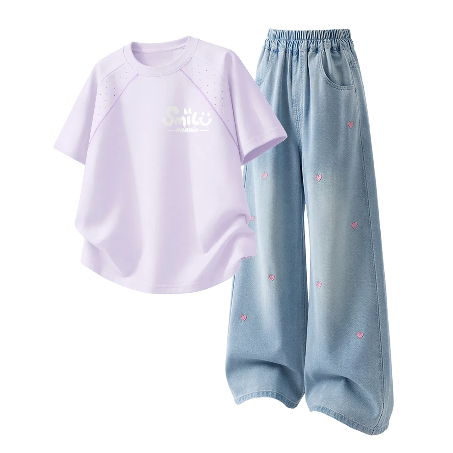 Детская повседневная спортивная футболка с круглым вырезом Disney, Di B Letter Smile K Hyacinth Purple+Solid Color Denim Light Blue