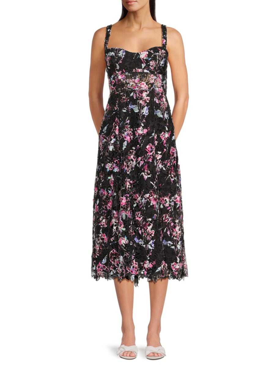 

Платье миди без рукавов с цветочным кружевом Manon Monique Lhuillier, цвет Floral Multi