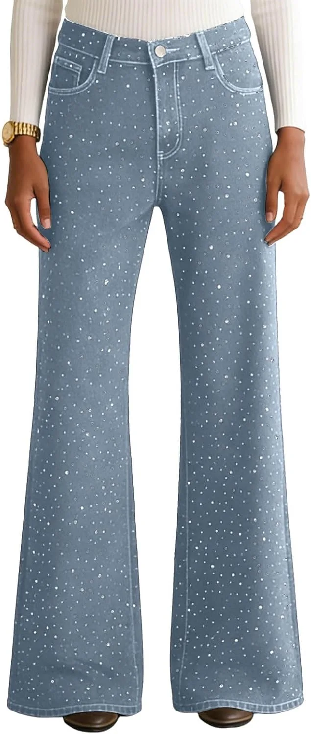 

Женские джинсы Bling с пайетками и стразами, завышенная талия, классический деним, Plus Size