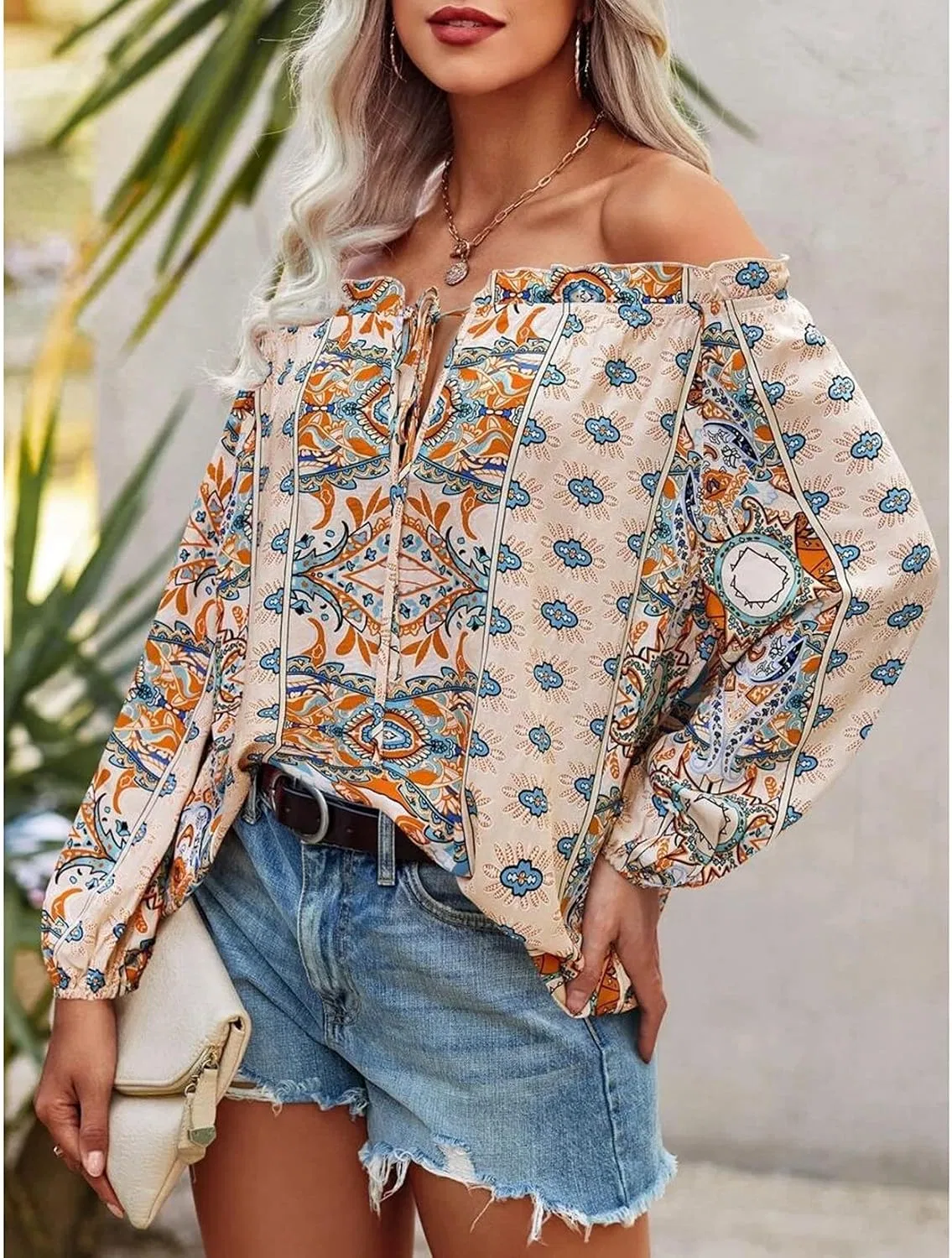 Блуза с цветочным принтом, off shoulder, длинный рукав, бежевый — фото 4