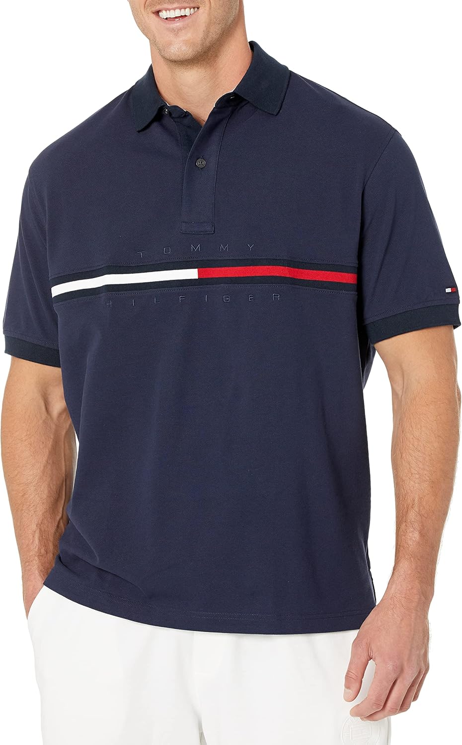 

Мужская рубашка поло Tommy Hilfiger с коротким рукавом и принтом флага из хлопка пике для больших и высоких, с индивидуальным кроем, Navy Blazer