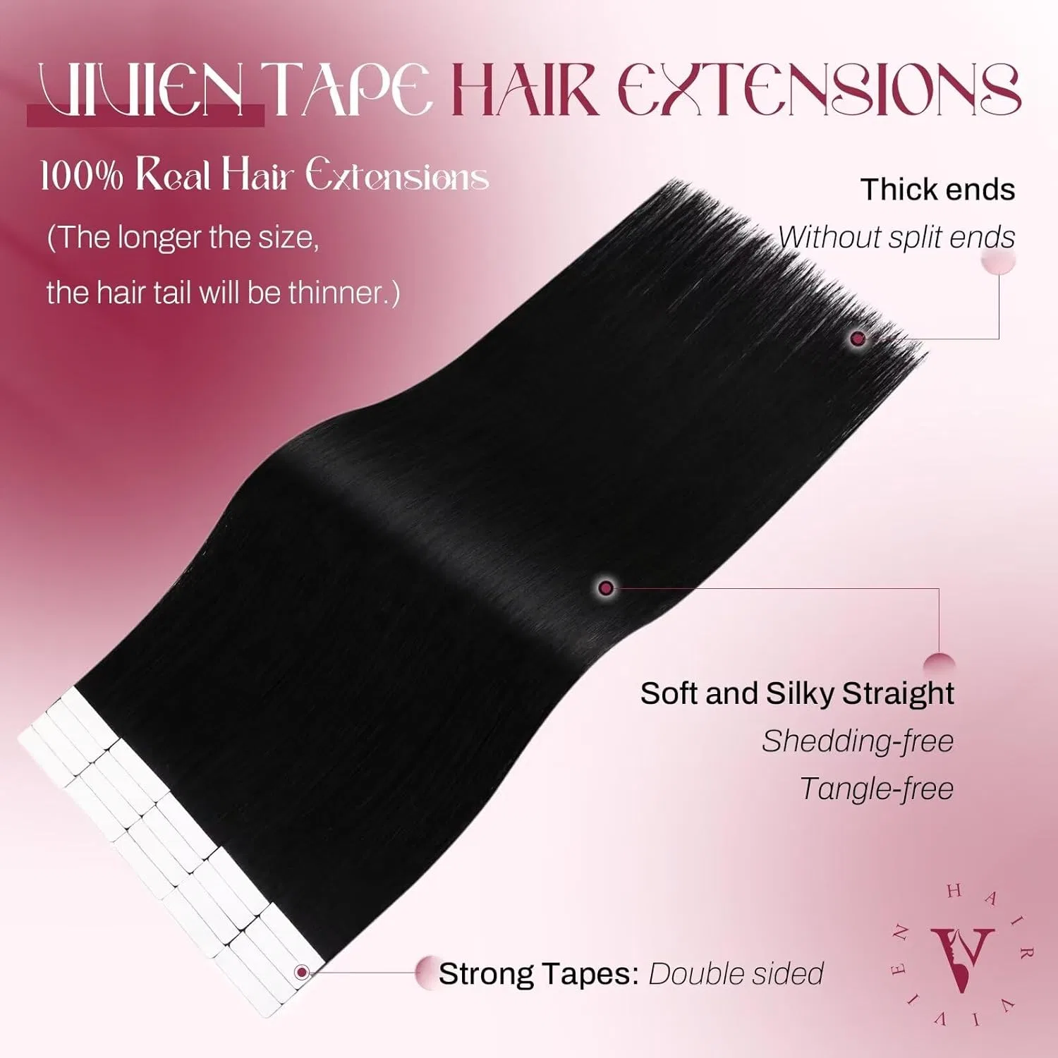Накладные пряди Vivien Black Tape-In из натуральных волос Remy Vivien — фото 2