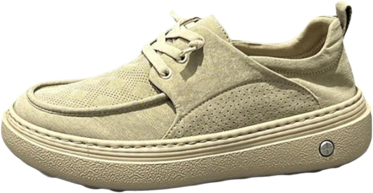 

Мужские кроссовки на шнуровке с прорезями из кожи на платформе, повседневные, удобные, с нескользящей подошвой и амортизирующей стелькой, для скейтбординга, вождения и тенниса Houdbdol, бежевый