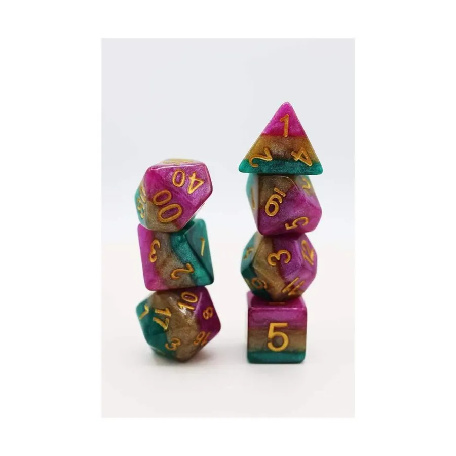 

Полисет — «Жирный вторник» с золотом (7), Dice Sets - Resin/Acrylic - Blue, Green, & Purple (Foam Brain Games)