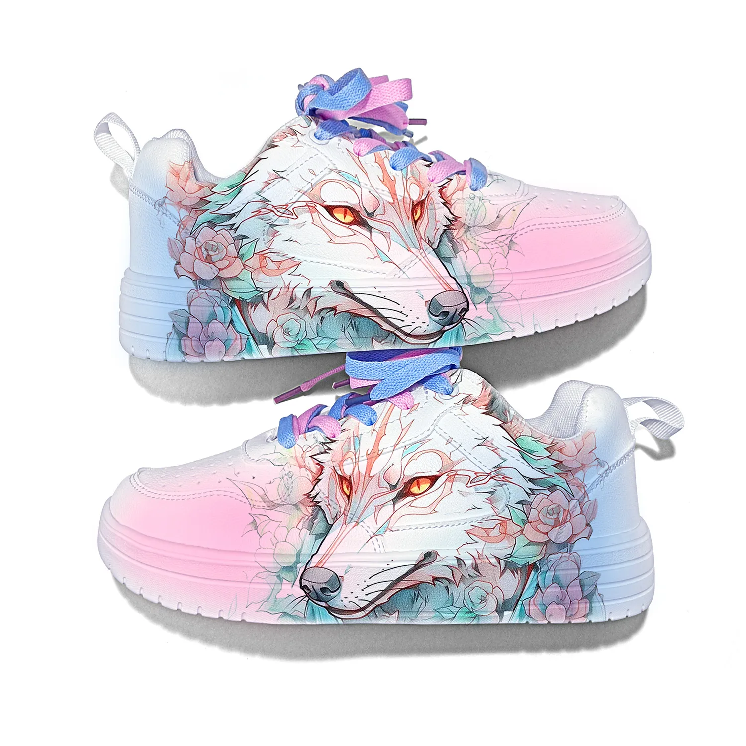 Легкие и дышащие низкие скейтерские кроссовки унисекс ZUOLENGCHAN, White Pink Blue-Hundred Flower Silver Wolf-ZLA2090D-FL1 — фото 4