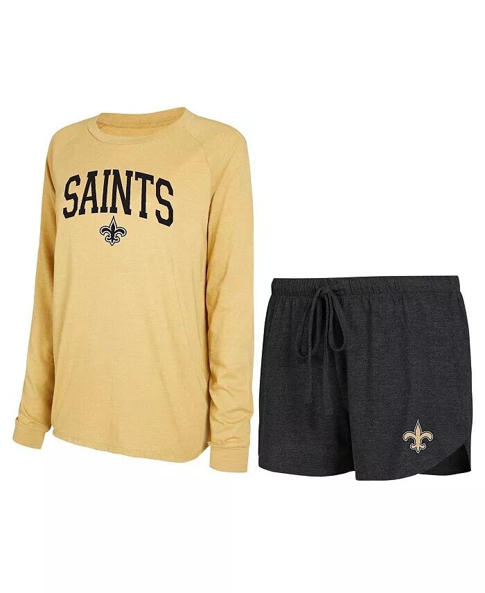 

Женский черный, золотой New Orleans Saints реглан футболка с длинным рукавом и шорты комплект для отдыха Concepts Sport