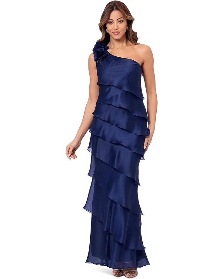 

Платье XSCAPE Long Metallic Organza Tiered One Shoulder, темно-синий