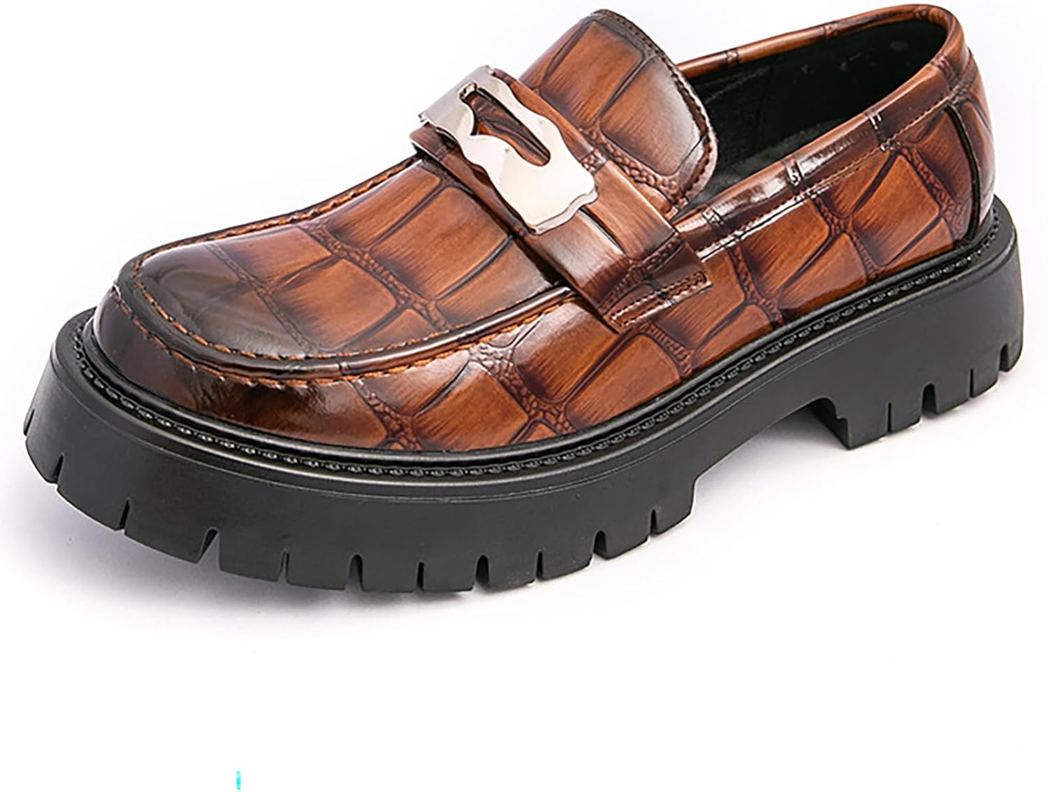 

Мужские кожаные туфли-лоферы на платформе с принтом, роскошные, с круглым носком, без шнурков, комфортная подошва с рифлением, противоскользящие, на низком каблуке, деловые и туфли для вечеринок, свадеб и выпускных Qeosnbx, коричневый