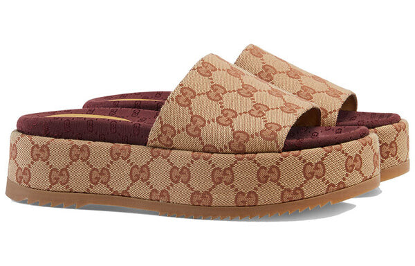 Сандалии gg slide sandal 'monogram - beige brick red' Gucci, коричневый — фото 3