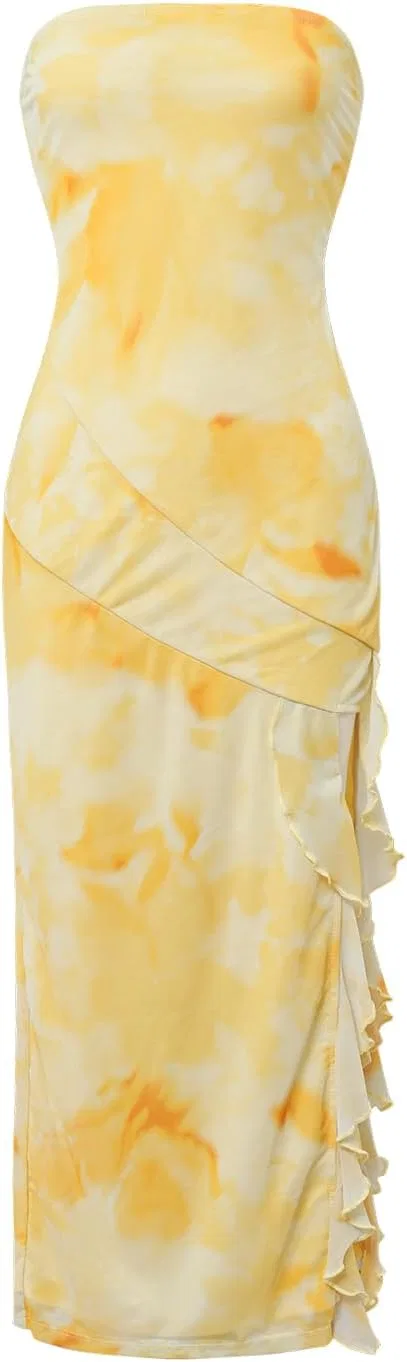 Женское летнее платье Printed Strapless Tube Bodycon Maxi с боковым разрезом и слоями из сетки generic, желтый