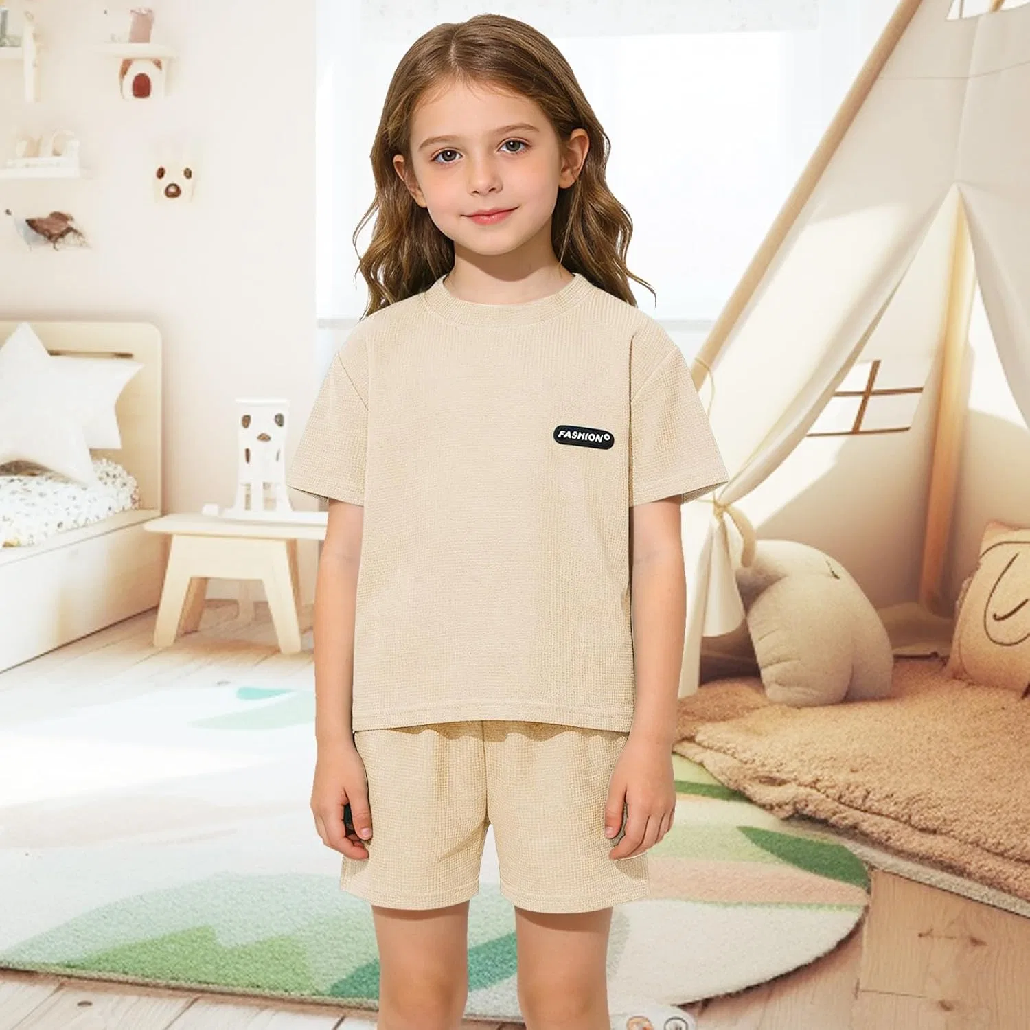 Детский спортивный костюм из футболки и шорт, Beige — фото 3