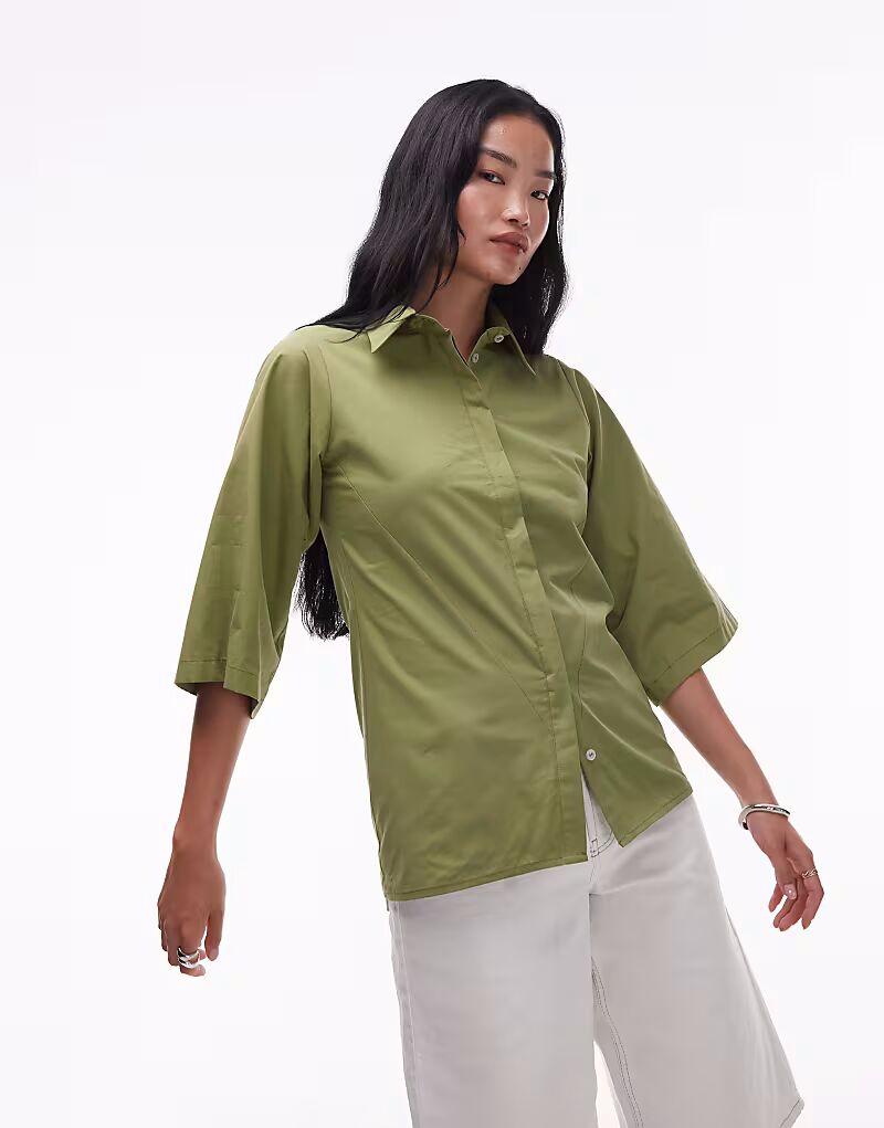 

Рубашка Topshop Poplin Revere с воротником-боулером зеленого цвета