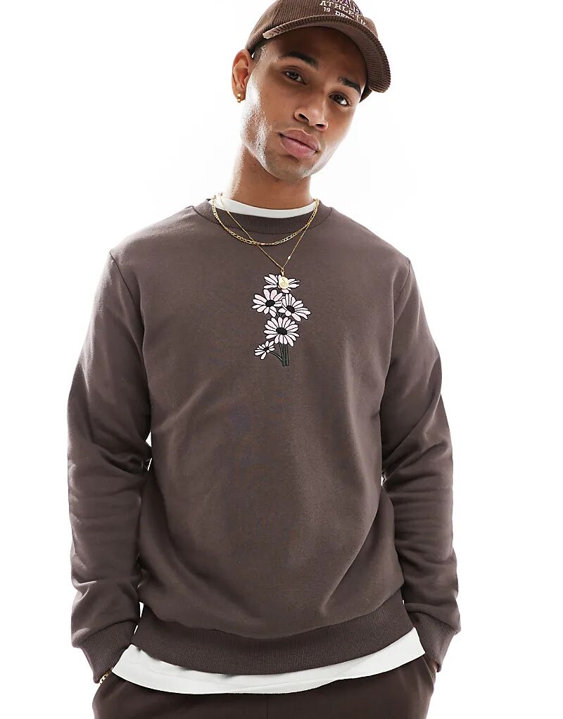 

Толстовка свободного кроя с вышитыми ромашками коричневого цвета Jack & Jones