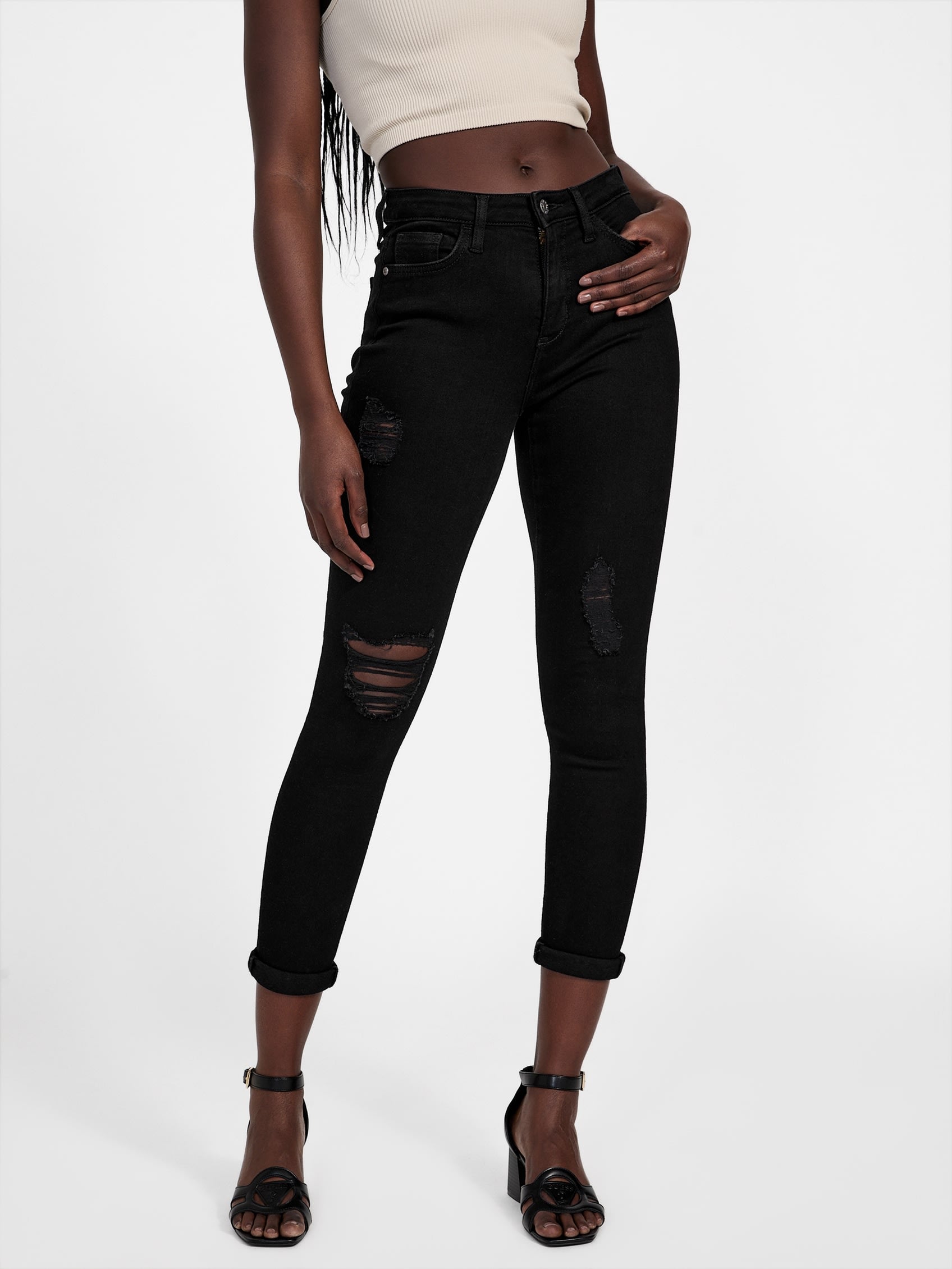 

Джинсы скинни Eco Liberty с потертостями Guess Factory, цвет black destroy