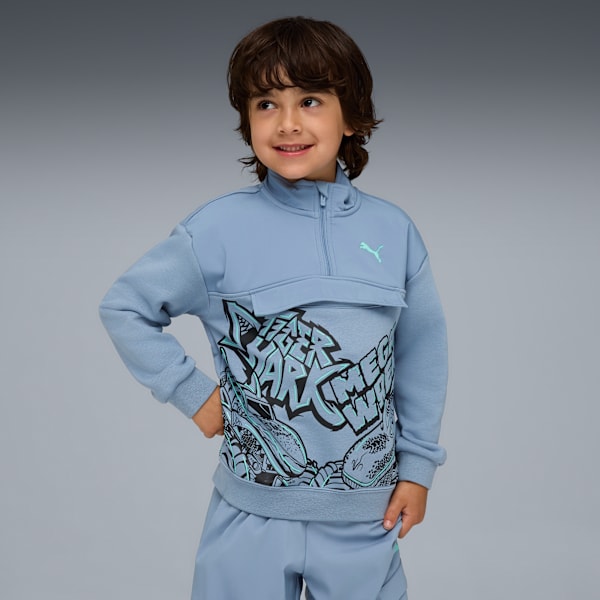 

Детский пуловер с застежкой-молнией на четверть дюйма Puma X Hot Wheels Monster Trucks, синий