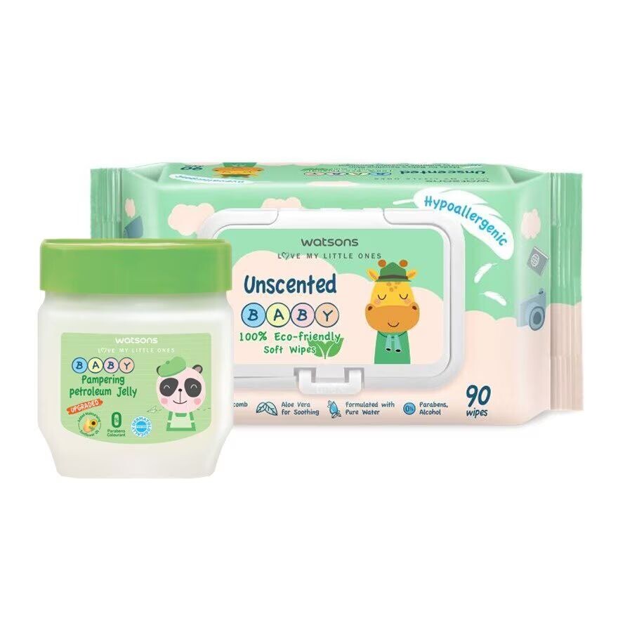 

Watsons Вазелин Pampering Baby 100 г + детские салфетки без запаха 90 листов