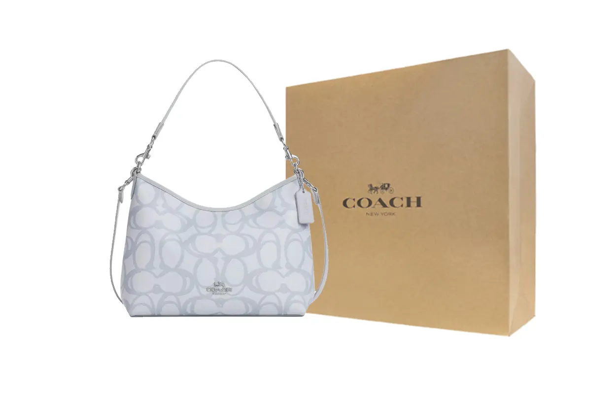 

COACH Сумка через плечо из лакированного холста большая женская серебристая и ледяная голубая