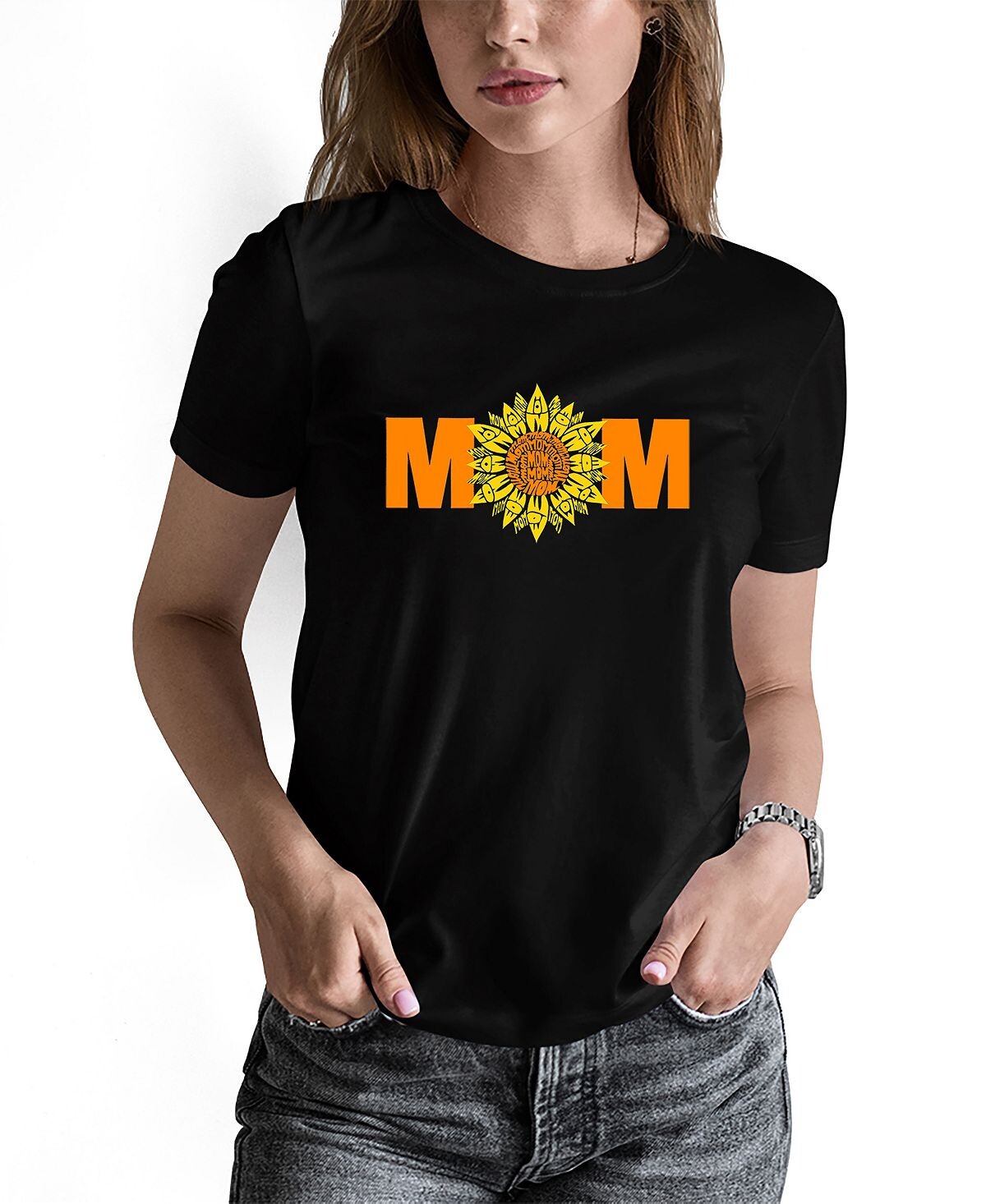 

Женская футболка с короткими рукавами и надписью Word Art Mom Sunflower LA Pop Art, черный