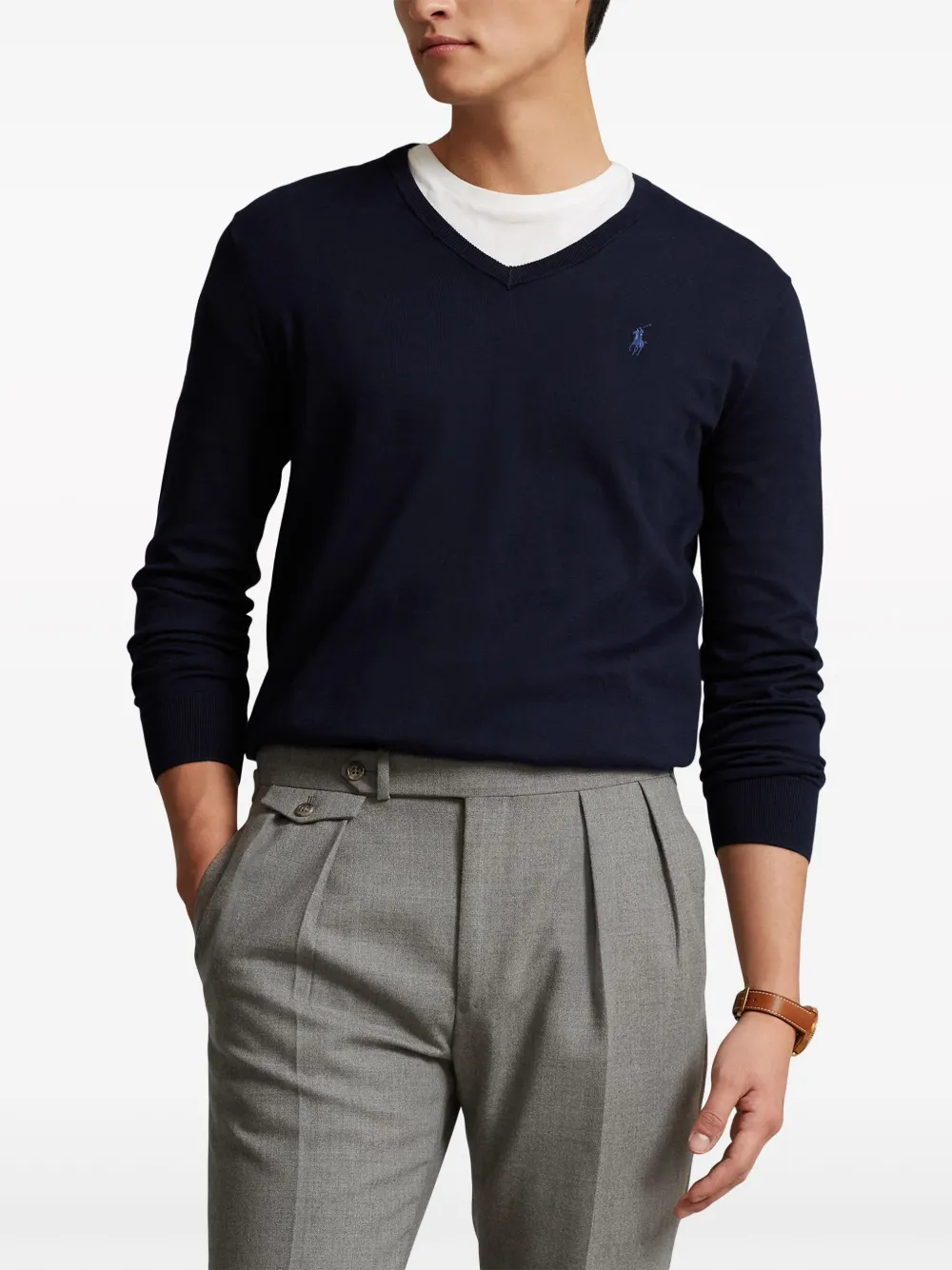 Джемпер с вышитым логотипом и V-образным вырезом POLO RALPH LAUREN, синий — фото 3