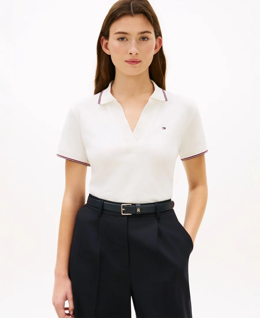Женская футболка-поло с коротким рукавом и воротником-стойкой Johnny Collar Tommy Hilfiger, экрю