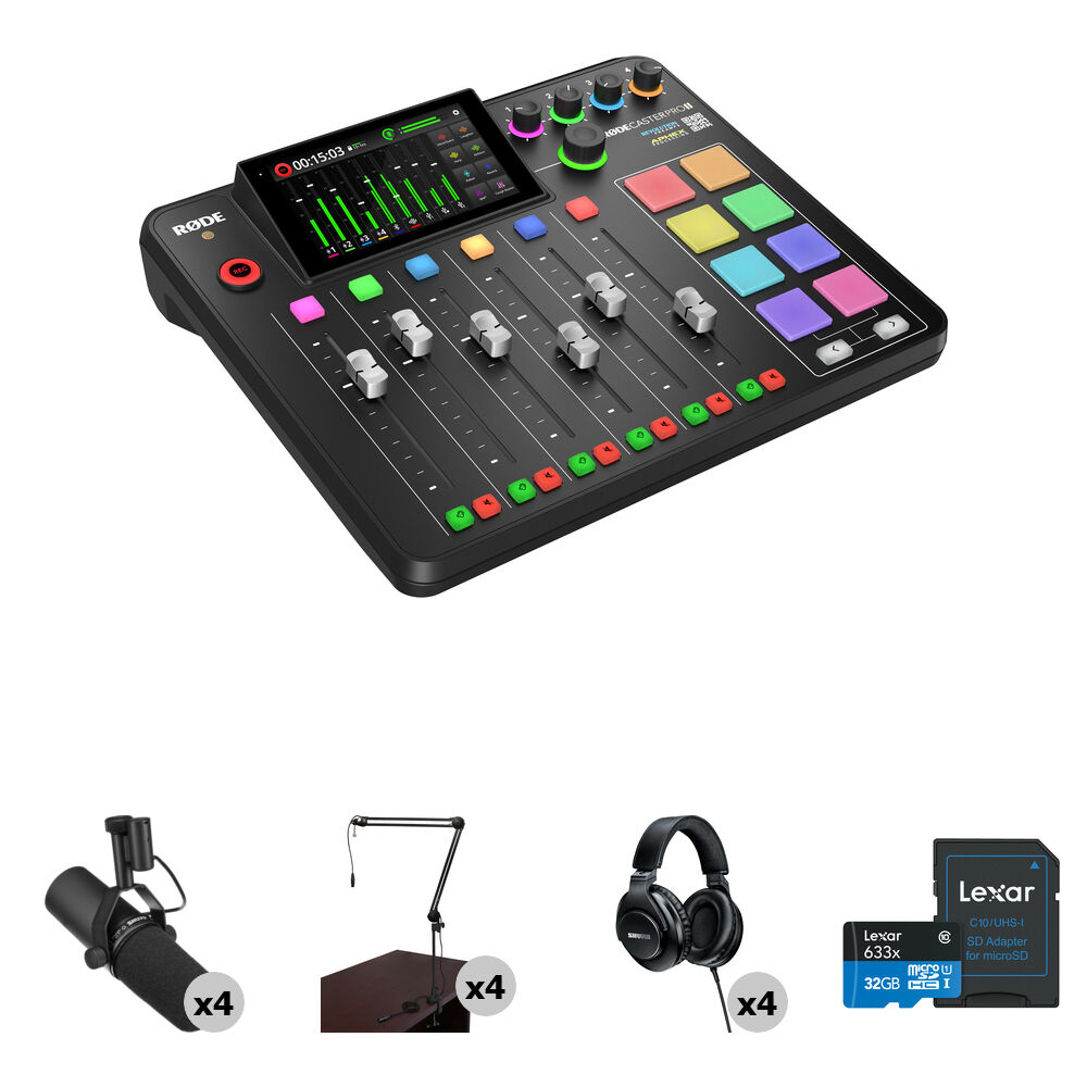 

Комплект для подкастинга RODE RODECaster Pro II на 4 человека с микрофонами SM7B, вещательными держателями и наушниками
